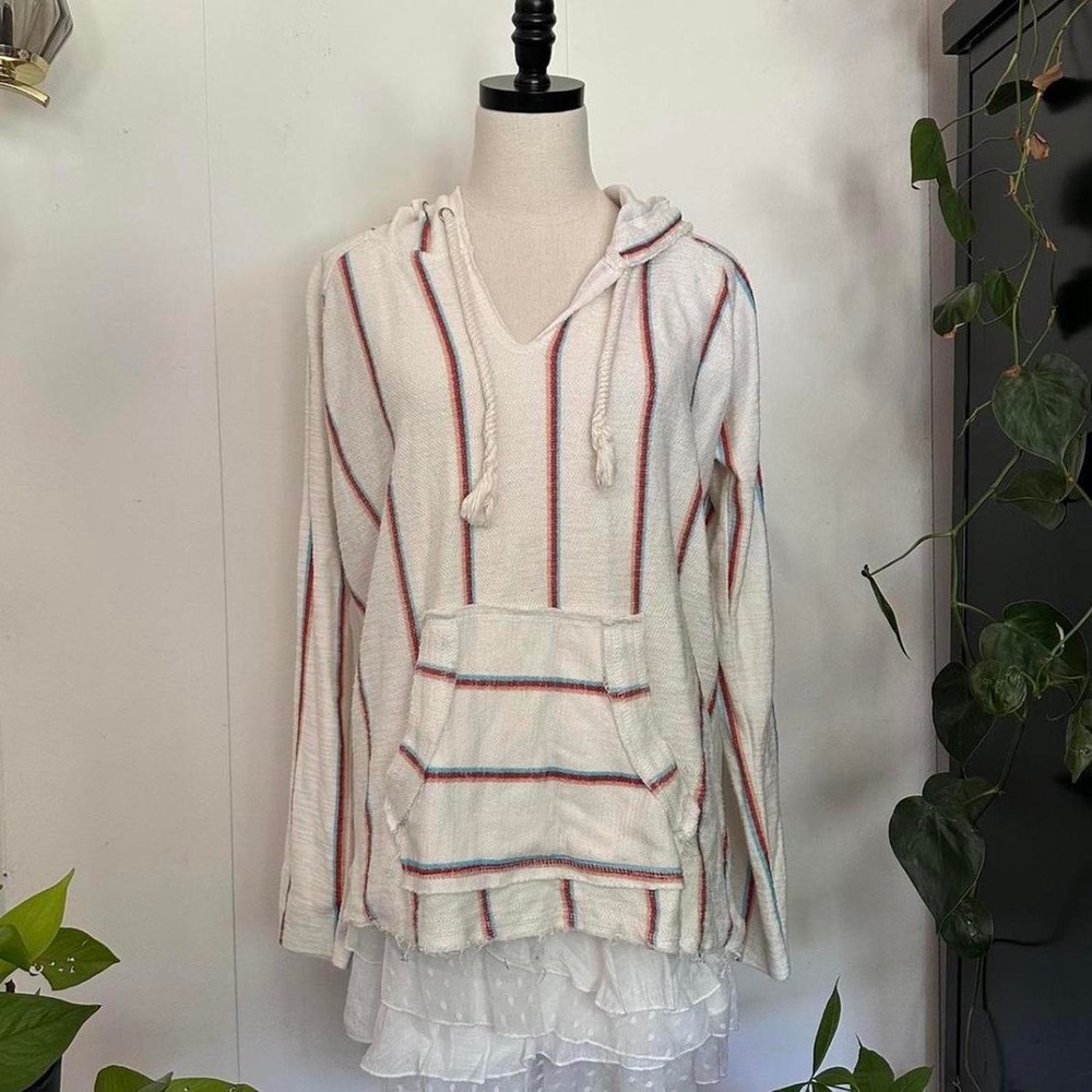 Ocean Drive Womens Large White Striped Beach Surfer Hoodie Poncho Raw Hem